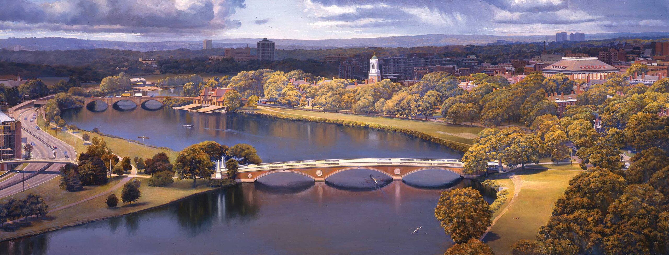 Joel Babb, "The Weeks Bridge, Charles River, Cambridge," 1998, oil on linen, 37 x 97 in., Cambridge Savings Bank, Massachusetts