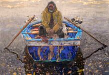 Daud Akhriev, "Considerations," pastel painting of a man in a small boat