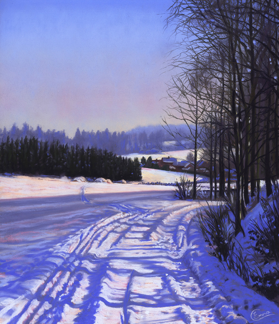 Emma Colbert, “Snowy Lane,” Soft pastel on Pastelmat, 14 x 12 in.