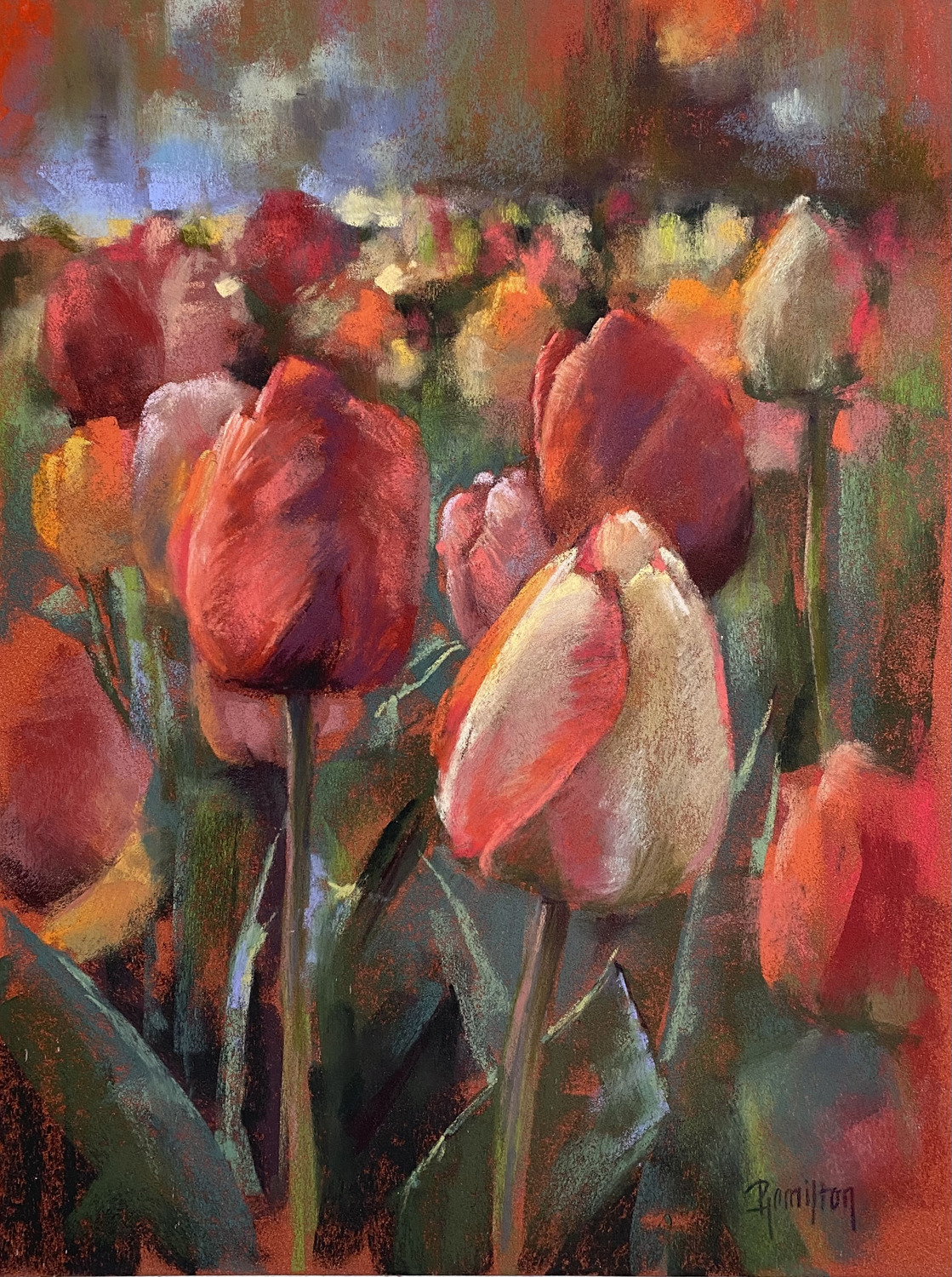 Pastel paintings - Pamela Hamilton, “Tulips on Fargo,” pastel on paper, 16 x 12 in.