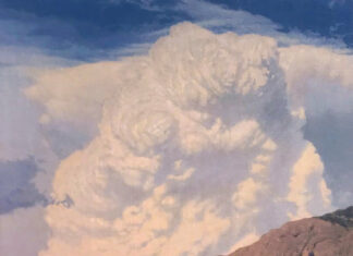 Contemporary realism art - Damien M. Gonzales, "Rose Thundercloud," 2023, oil on mounted linen, 8 x 10 in., available through the Taos Art Museum at Fechin House (New Mexico)