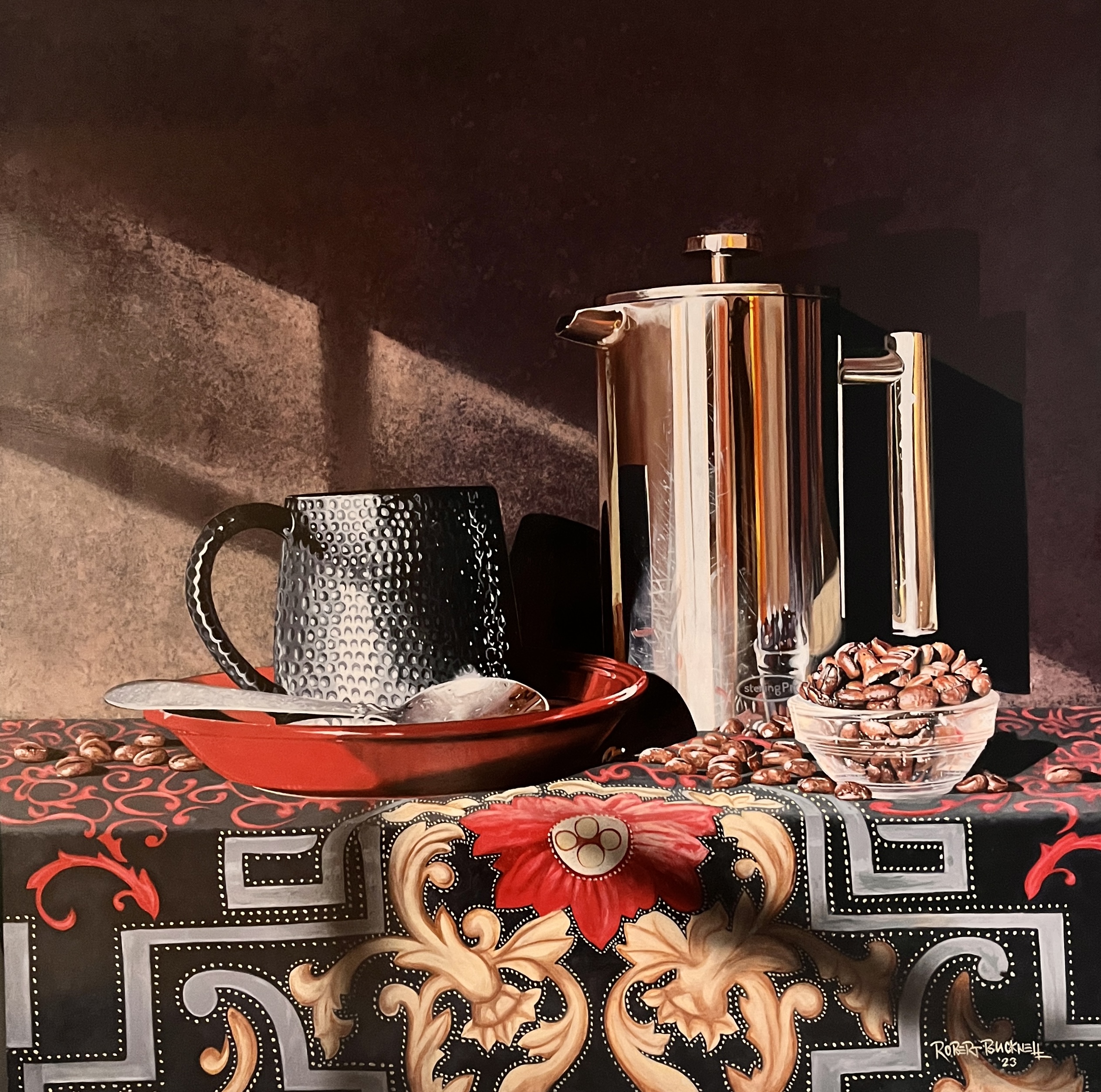 Hyperrealism still life painting - Robert Bucknell, "Morning Coffee," Oil on panel, 24 x 24 in., Best Still Life, PleinAir Salon April 2023; Best Use of Light and Color, NOAPS Spring Salon 2023