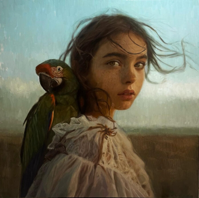 Contemporary realism - Kesja Tabaczuk, "Wings of Wanderlust," 2024, oil on linen, 43 × 43 in.