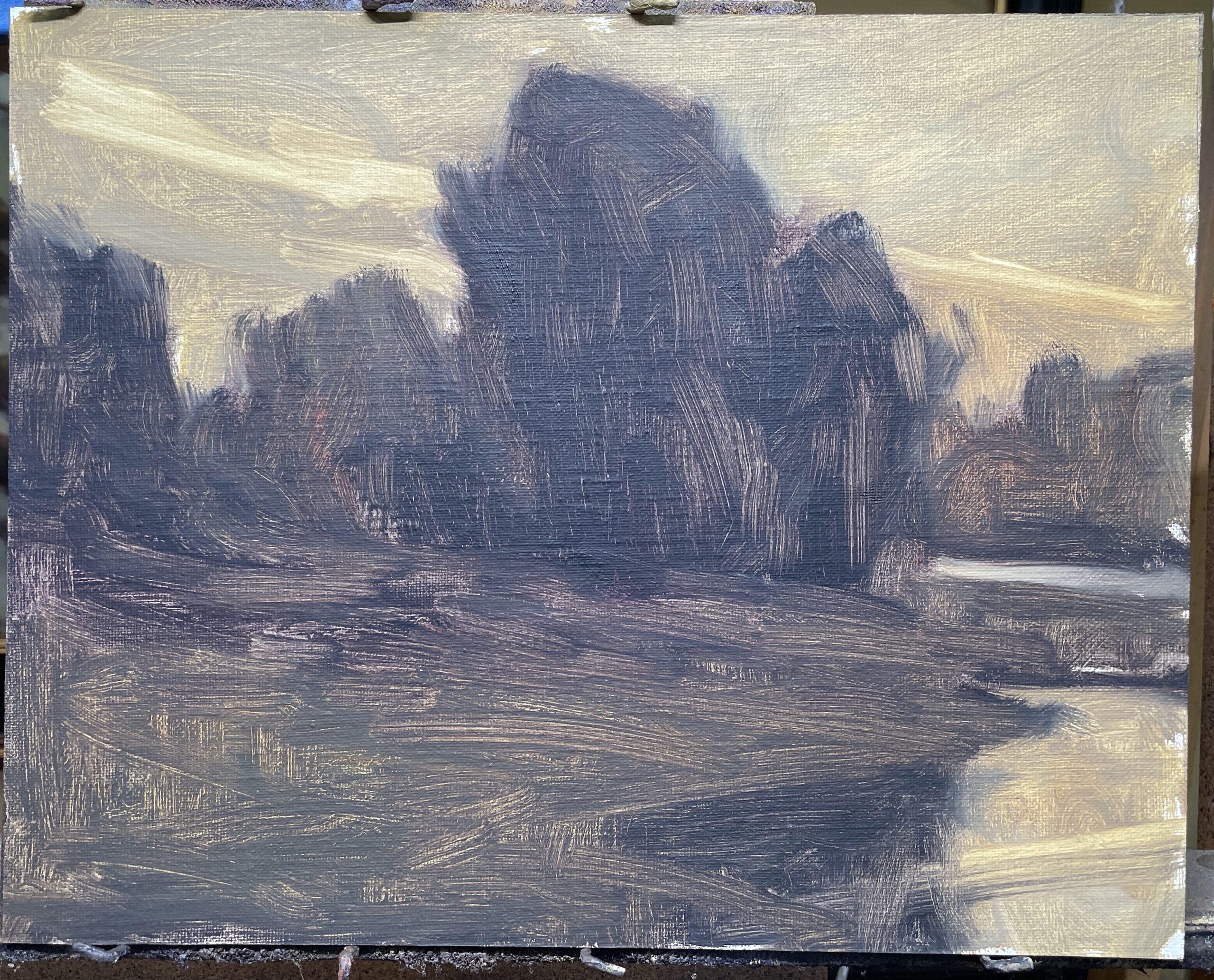 Initial block-in of the landscape painting demo