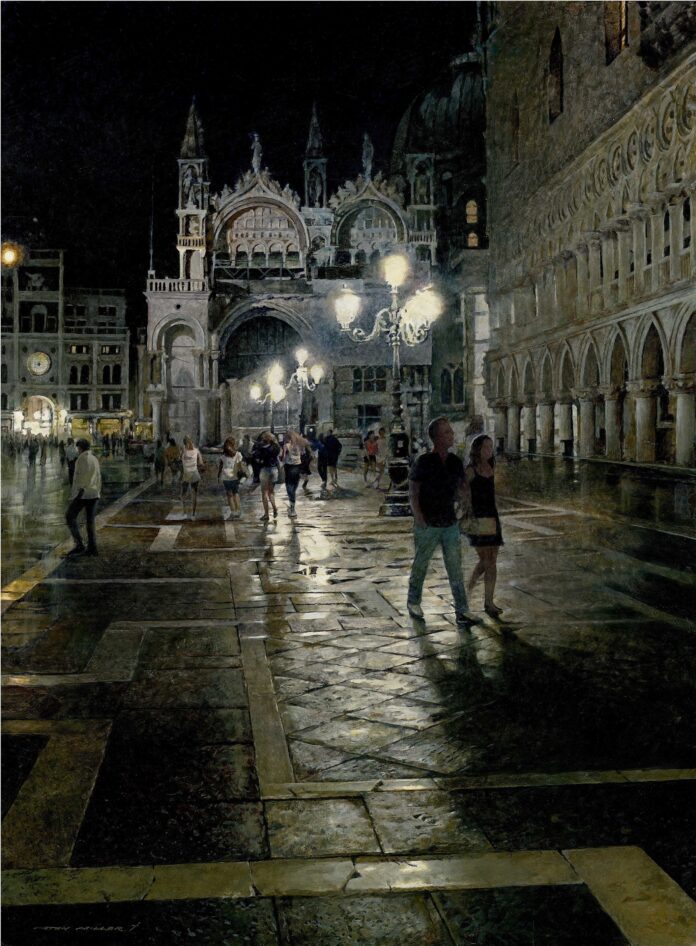 "San Marco Rain," egg tempera on board, 32 x 24 in.