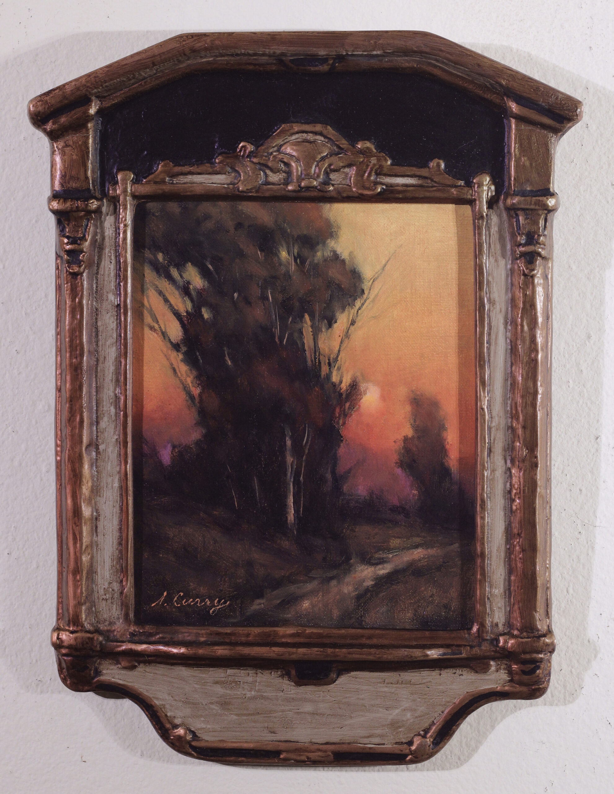 "Warming Trend," oil on Belgian linen panel, 7 x 9 in. This painting started as a demo but captured my imagination so I further developed the colors in this simple layout, knowing it would be accented by this handmade frame.