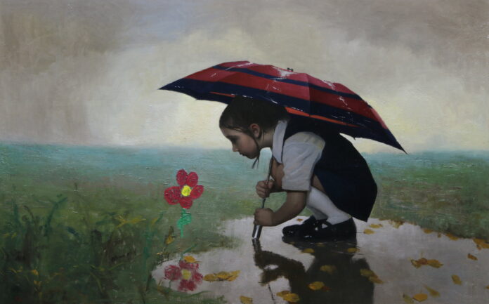 Mark R. Pugh, "The Optimist, a.k.a. April Showers, May Flowers," Oil, 30 x 48 inches