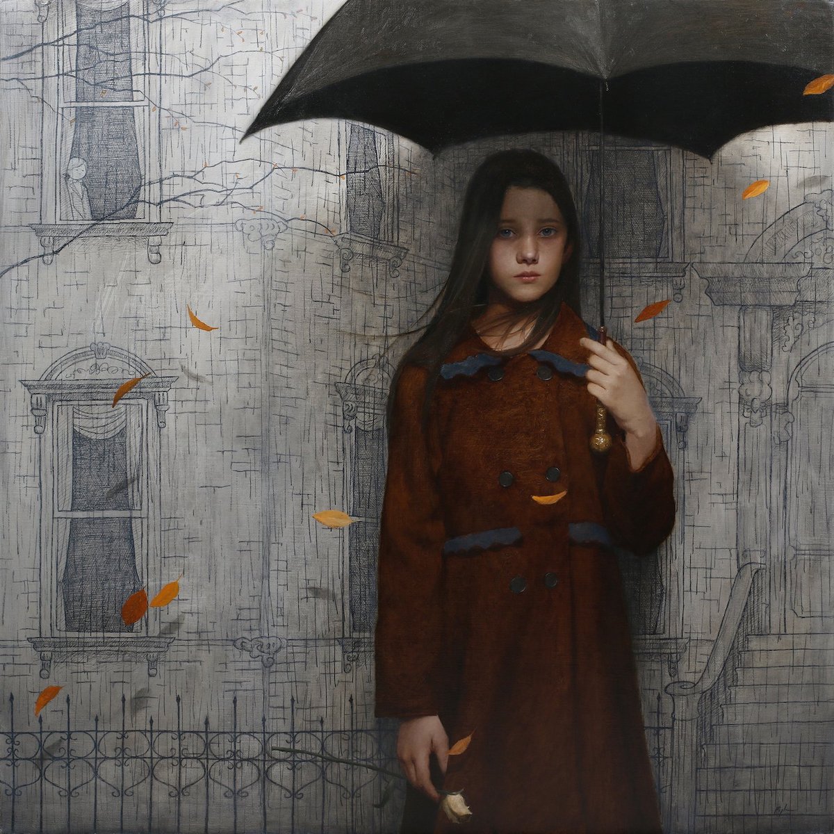 Mark R. Pugh, "The Girl on the Sidewalk," Oil, 30 x 30 inches