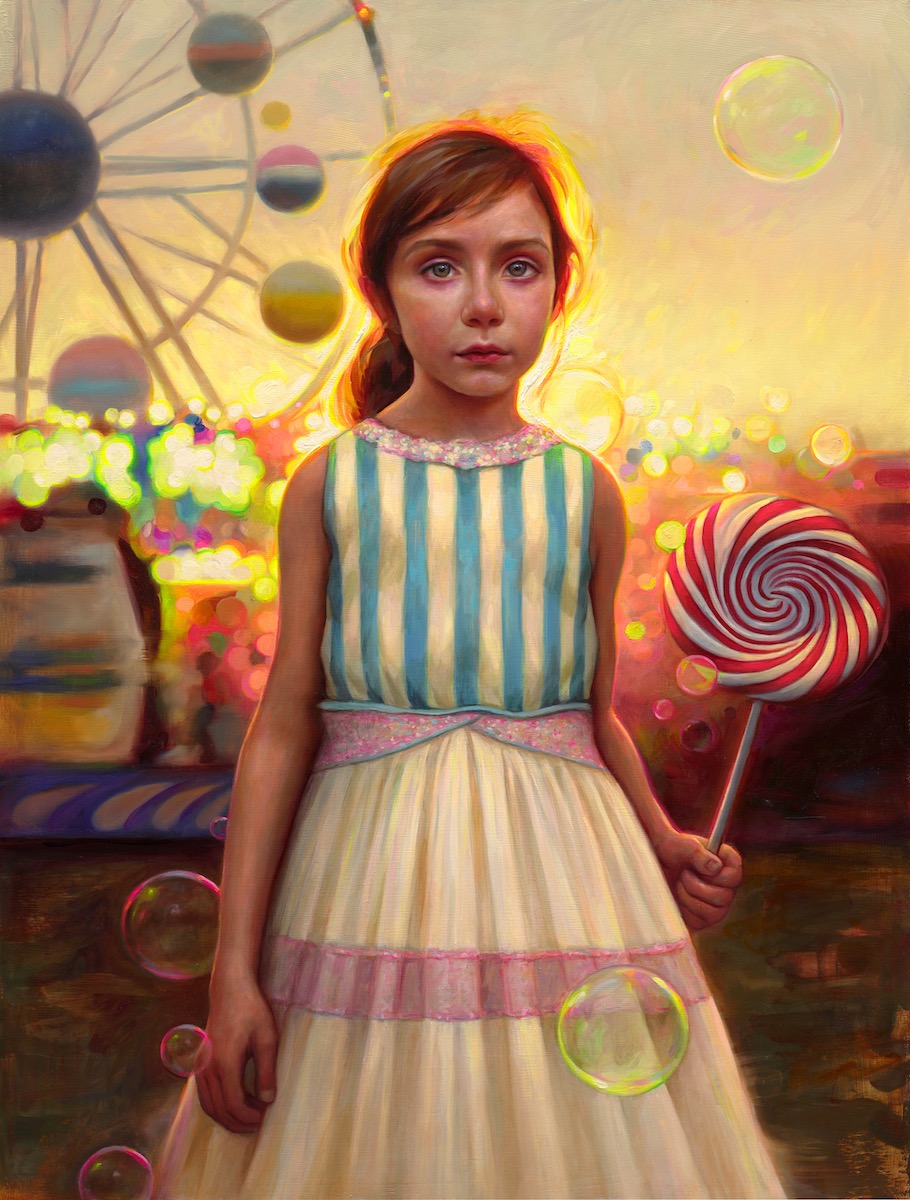 Contemporary realism art - Steve Forster, “Evie at the Feast of San Rocco,” Oil, Acrylic, and Graphite on Aluminum, 24 x 32 inches. In 2025 Steve will publish his second book, “Painting Luminous Portraits” with Quarto Group publishing.