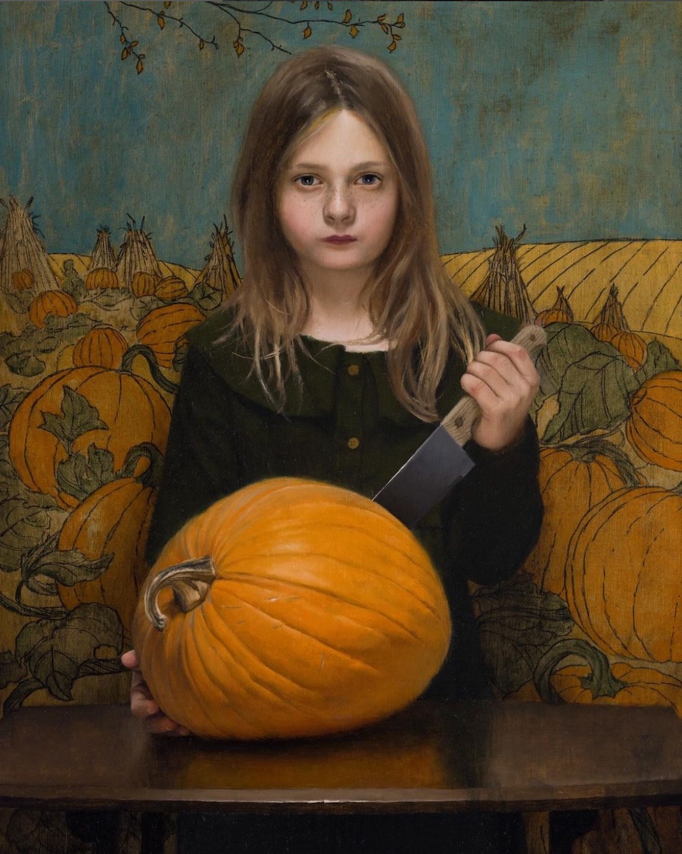 Mark R. Pugh, "Girl Carving a Pumpkin," 2023, Oil and Ink