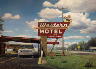 Beauty in the Abandoned Contemporary Realism Art - Jason Kowalski, "Western Motel," 2023, oil on wood panel, 48 x 72 in., J. Willott Gallery (Palm Desert, California)