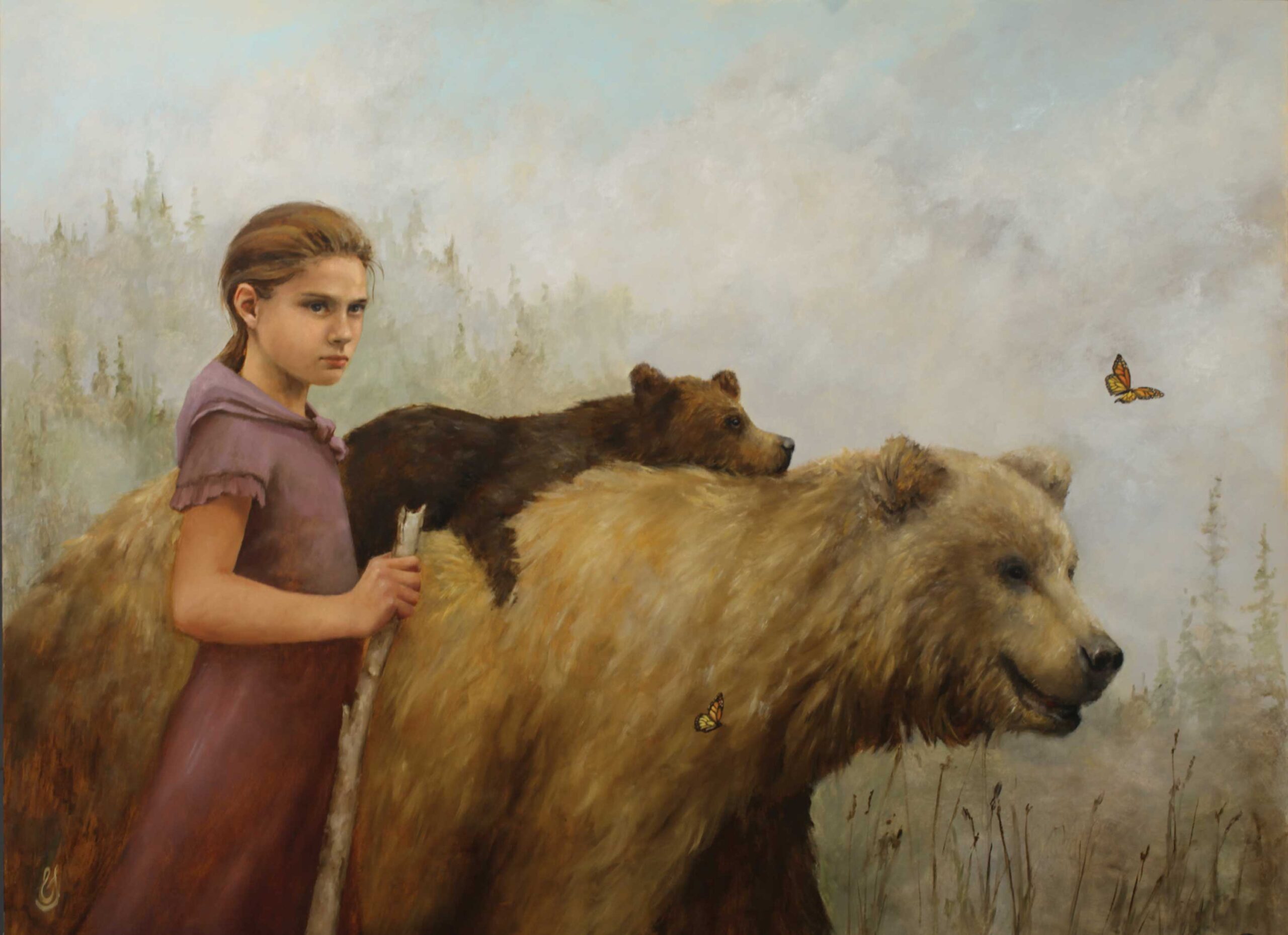 Contemporary realism art - Erin Schulz, "Mama Bear," 2022, oil on aluminum panel, 33 1/2 x 45 3/4 in., Catalyst Fine Art (Kenmore, Washington)