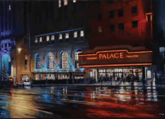 acrylic nocturne cityscape - Michael Guinane, "Opening Night," 2021, acrylic and watercolor drybrush on panel, 20 x 32 in., private collection