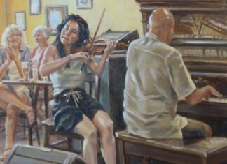 Celtic Ceilidh - PleinAir Salon - William Rogers, "Fiddle and Piano at the Red Shoe," oil, 18 x 22 in.; Best Artist Over 65, October 2024 PleinAir Salon