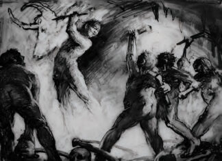An Art History Poem "Critique" (2024, pen and charcoal on paper, 11 x 14 in., collection of the artist) by Gregg Kreutz (b. 1947)