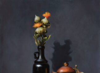 Contemporary realism painting - Patricia C Tribastone, "Old Copper and Fruit," Oil, 20 x 16 in.