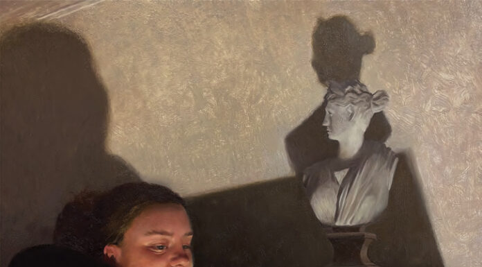 Brad Davis, "Noumena," 2024, oil on wood, 32 x 24 in., available through the artist