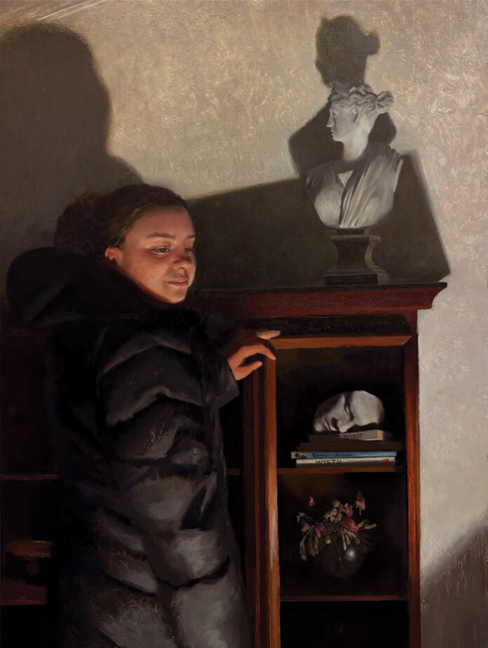Brad Davis, "Noumena," 2024, oil on wood, 32 x 24 in., available through the artist