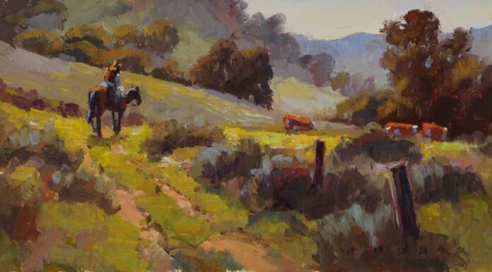 Jim Wodark, “Spring Trail,” 2019, oil, 6 x 12 in., Collection the artist, Plein air