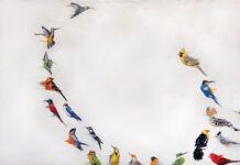 Michael Dickter (b. 1952), "Between Here and Heaven," 2022, oil and mixed media on panel, 40 x 60 in., private collection