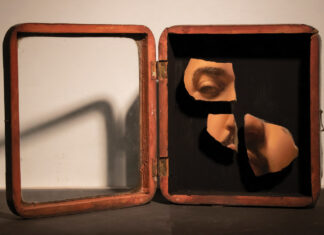Sacred Fragments: A Journey Through Faith, Myth, and Art Contemporary realism - B.J. Parker, "The Overly Icon," 2022, oil on marble in vintage wooden kiot (icon case), 8 x 10 in., available through the artist