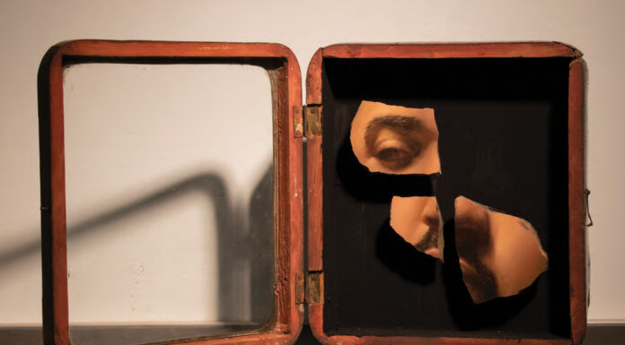 Contemporary realism - B.J. Parker, "The Overly Icon," 2022, oil on marble in vintage wooden kiot (icon case), 8 x 10 in., available through the artist