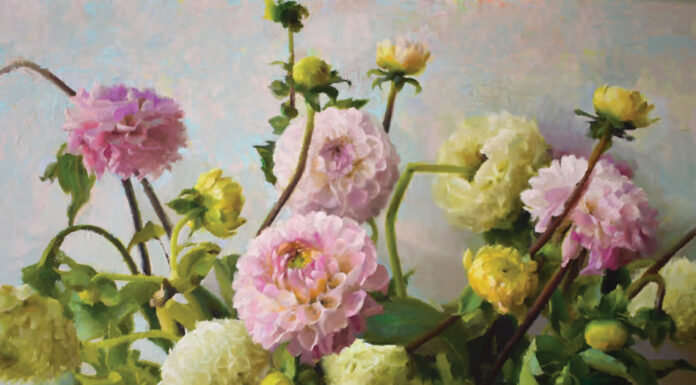 "Dance of the Dahlias," 2023, oil on linen panel