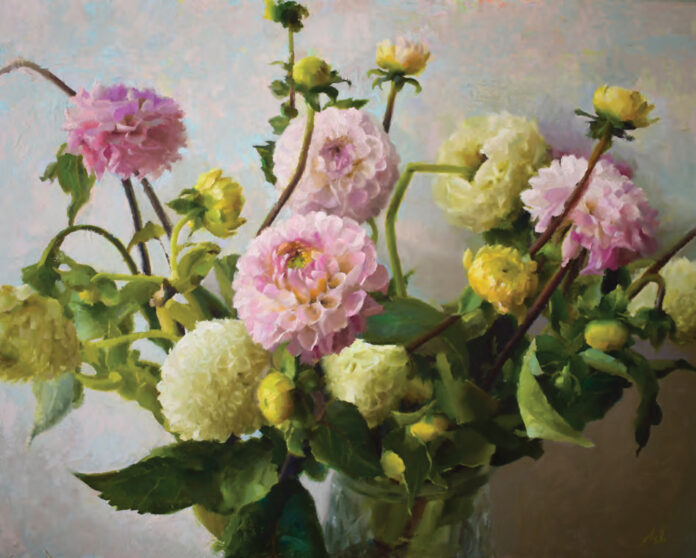 "Dance of the Dahlias," 2023, oil on linen panel "Dance of the Dahlias," 2023, oil on linen panel