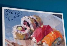 Sketching with gouache - Jared Cullum, "Sushi," gouache, 8 x 10 in., private collection