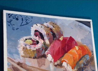 Sketching with gouache - Jared Cullum, "Sushi," gouache, 8 x 10 in., private collection