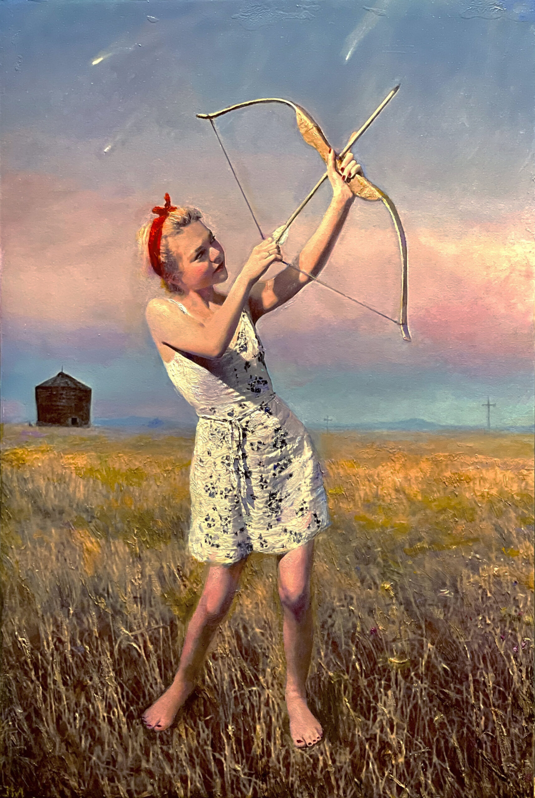 Contemporary figurative art - Joseph A. Miller, "Shooting Stars," 2023, Oil over acrylic on paper attached to panel, 19 x 12.5 in.