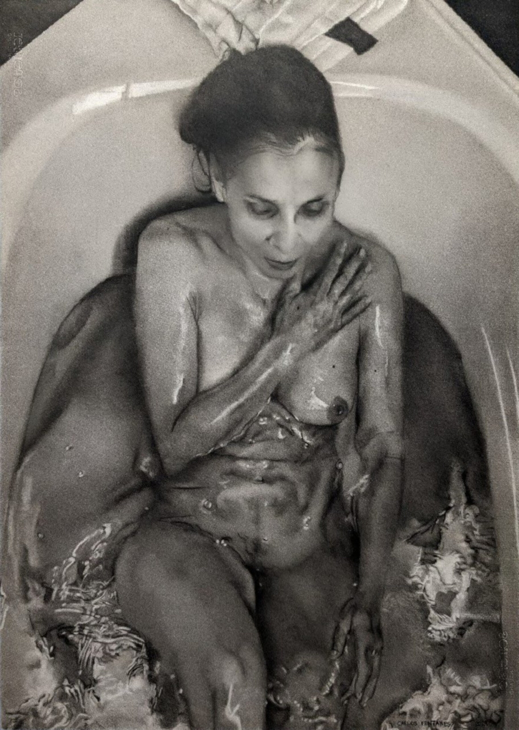 Morning drawing practice - Carlos Fentanes, "In the Bathtub (True Effigy of Our Lady of the Fishes According to How I Remember Her When She Came In Through the Bathroom Window)," 34" x 26 ½", 2024 