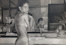 Morning drawing practice - Carlos Fentanes, "The Rokeby Bathroom Through the Looking Glass," Charcoal on Paper, 34" x 26 ½", 2025