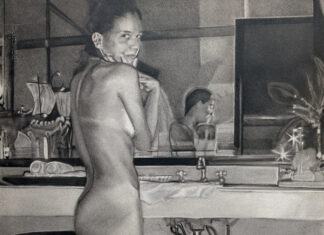 Morning drawing practice - Carlos Fentanes, "The Rokeby Bathroom Through the Looking Glass," Charcoal on Paper, 34" x 26 ½", 2025