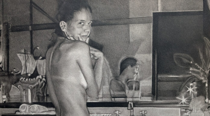 Morning drawing practice - Carlos Fentanes, "The Rokeby Bathroom Through the Looking Glass," Charcoal on Paper, 34" x 26 ½", 2025