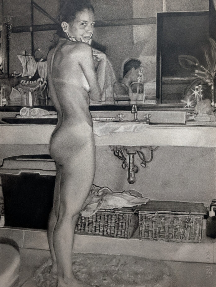 Morning drawing practice - Carlos Fentanes, "The Rokeby Bathroom Through the Looking Glass," Charcoal on Paper, 34" x 26 ½", 2025