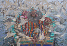 realist paintings - Daud Akhriev, "His World: A Journey," 2024, oil on linen, 39 3/4 x 47 1/4 in.