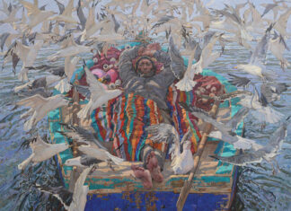 realist paintings - Daud Akhriev, "His World: A Journey," 2024, oil on linen, 39 3/4 x 47 1/4 in.