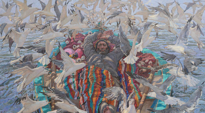 Something Under the Surface realist paintings - Daud Akhriev, "His World: A Journey," 2024, oil on linen, 39 3/4 x 47 1/4 in.