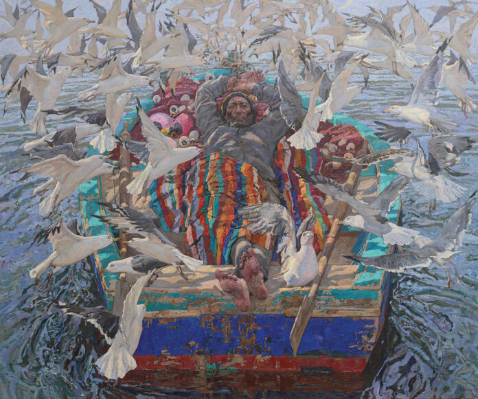 realist paintings - Daud Akhriev, "His World: A Journey," 2024, oil on linen, 39 3/4 x 47 1/4 in.