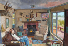 Narrative painting - Cody Kamrowski, "Close Quarters at the Cabin," 2024, oil on linen, 30 x 24 in., private collection