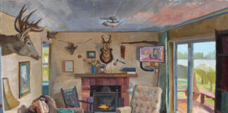 Narrative painting - Cody Kamrowski, "Close Quarters at the Cabin," 2024, oil on linen, 30 x 24 in., private collection