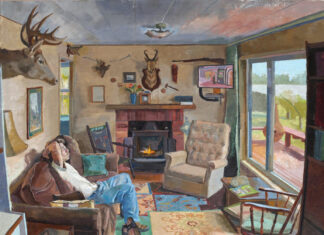 Narrative painting - Cody Kamrowski, "Close Quarters at the Cabin," 2024, oil on linen, 30 x 24 in., private collection