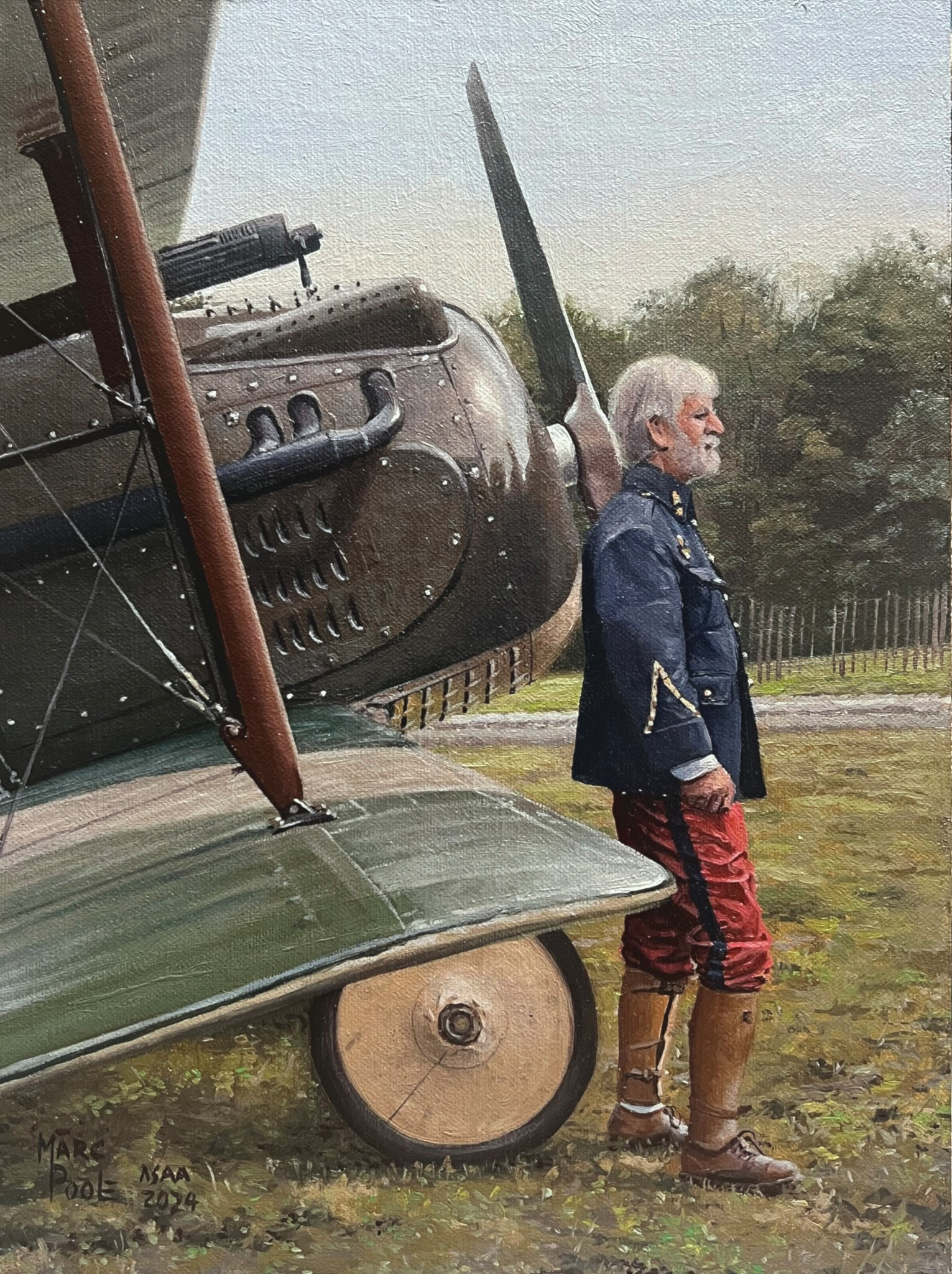 Marc Poole, "Rhinebeck SPAD," 2024, oil, 12 x 9 in., Collection of the artist, Plein air “I focused on getting the figure [model Michael O’Neal posing as a French World War I pilot] before I ran out of time,” says Poole.