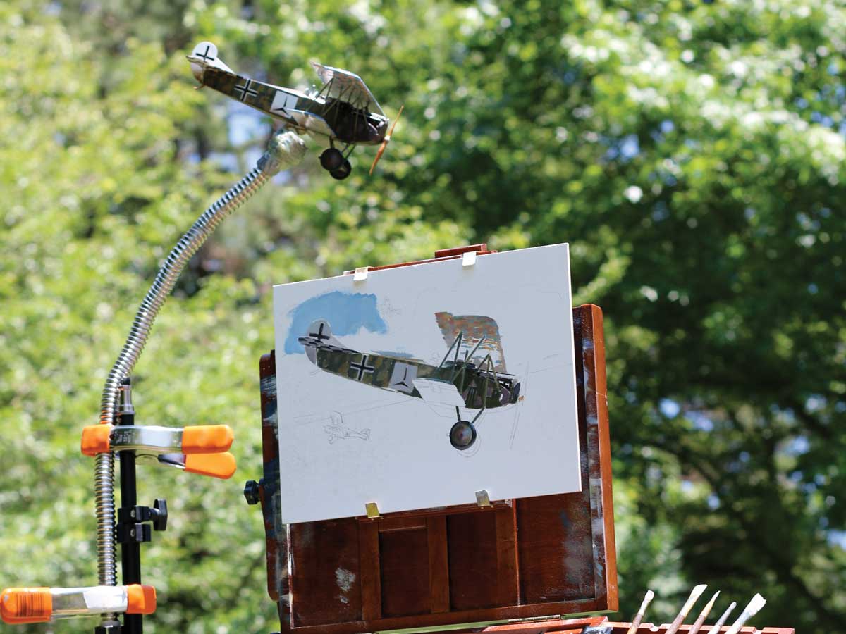 painting airplanes - Russell Smith's setup with a scale model