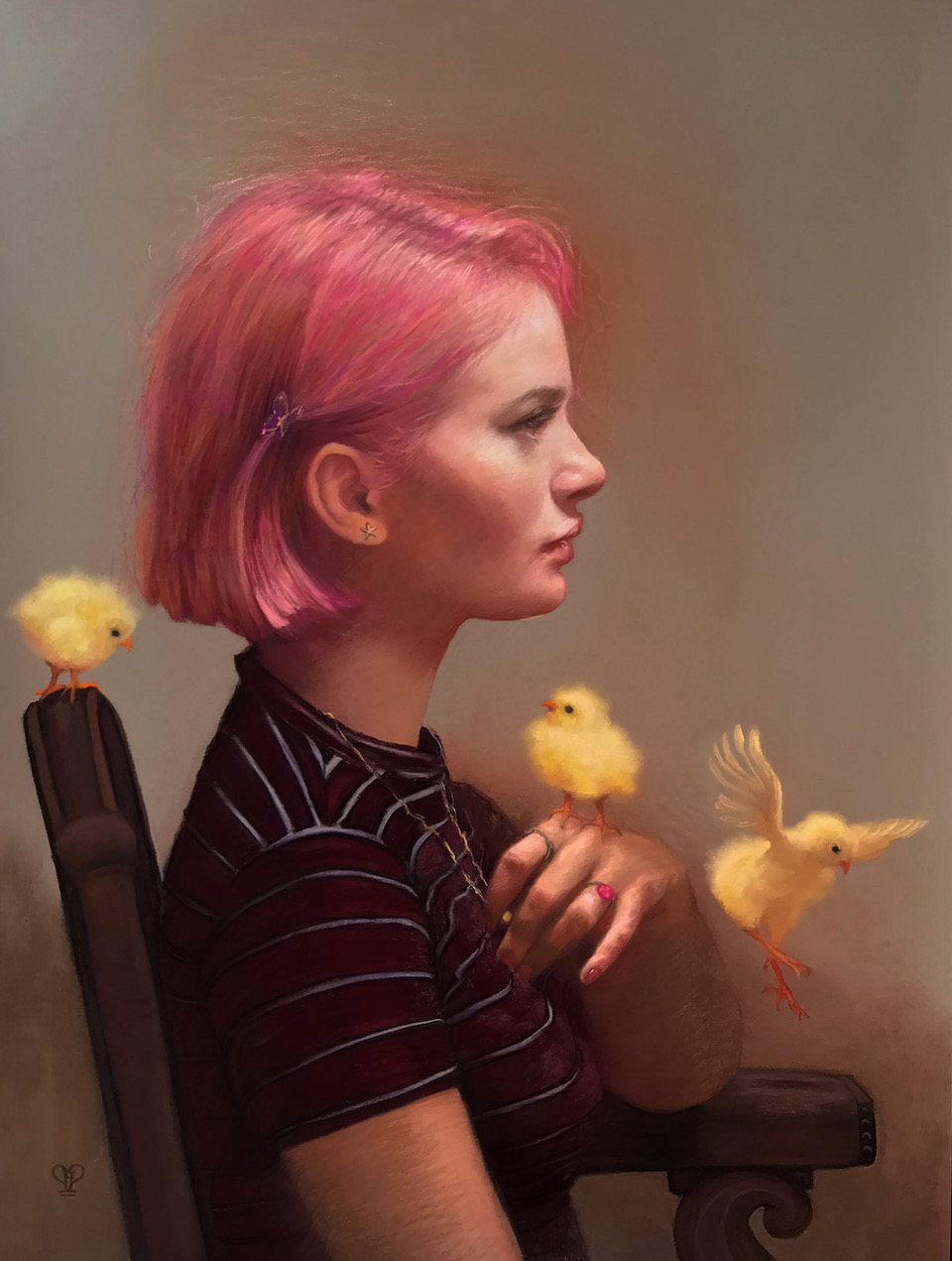 Carol Peebles, “Choosing Her Revolution: My Chick In Flight," pastel on paper 26 x 20 in.