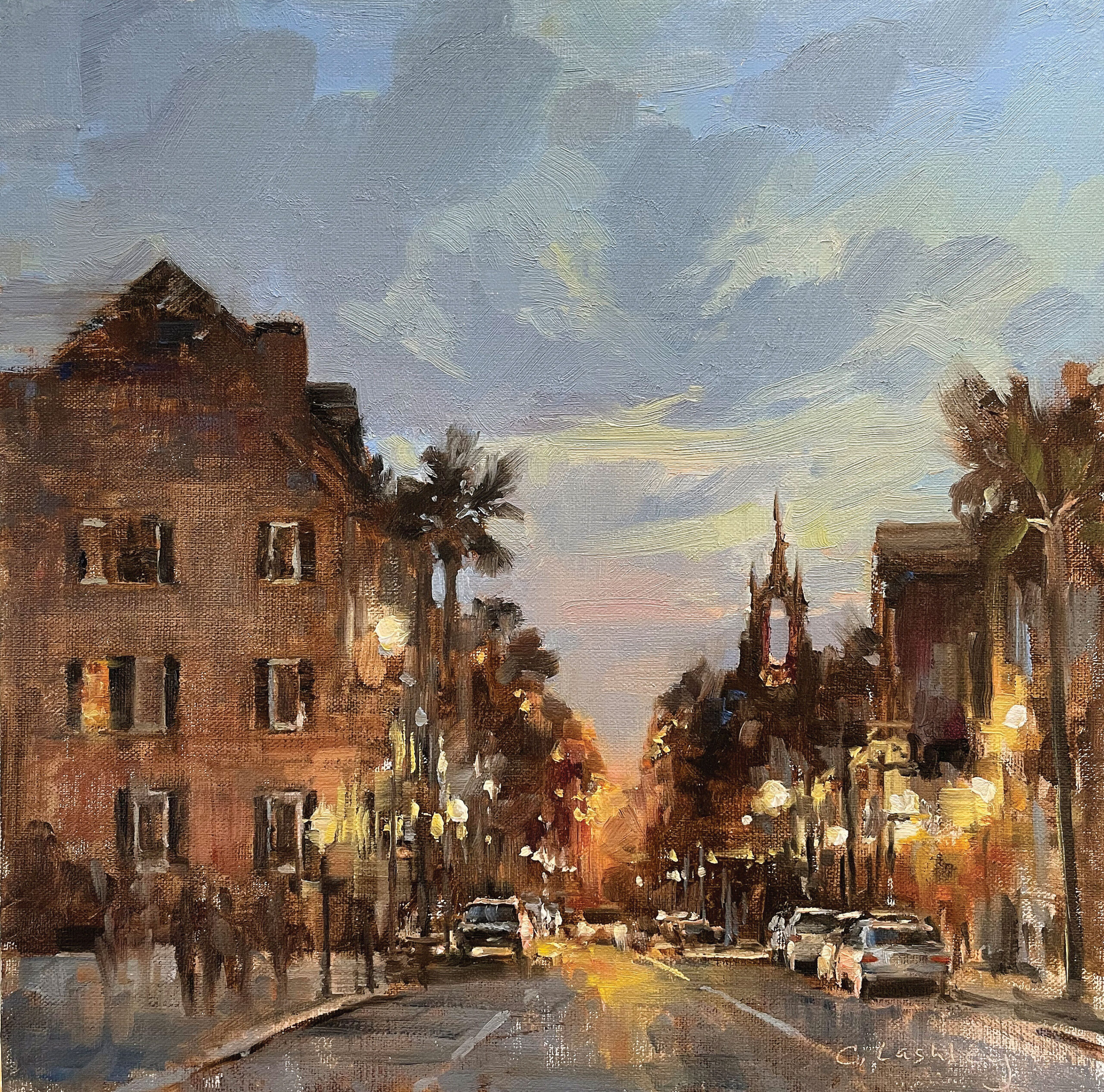 7. CHRISTINE LASHLEY (b. 1967), "Evening Stroll, Charleston," 2022, oil on linen panel, 10 x 10 in., private collection