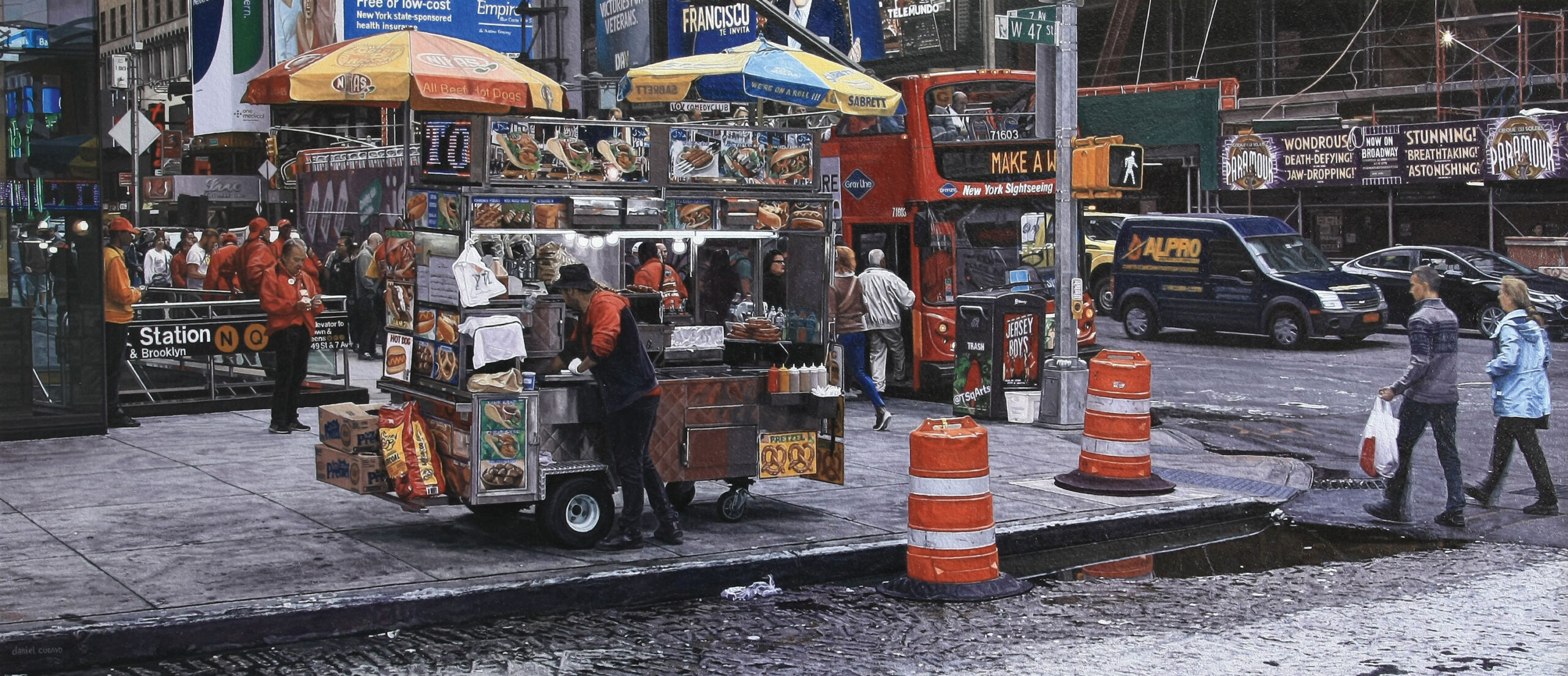 8. DANIEL CUERVO (b. 1972), "West 47 Street @ 7th Avenue," 2024, oil on panel, 15 x 34 1/4 in., available through the artist