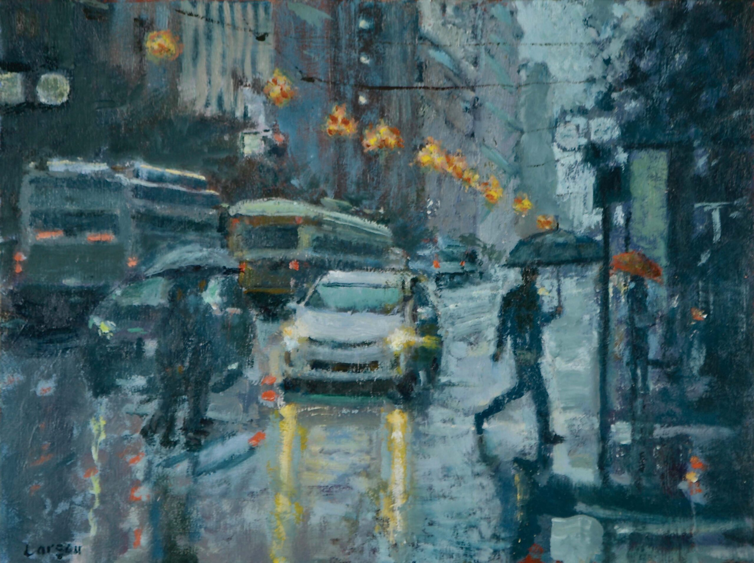 14. DEAN LARSON (b. 1957), "Rainy Downpour, Market Street," 2024, oil on panel, 9 x 12 in., available through the artist