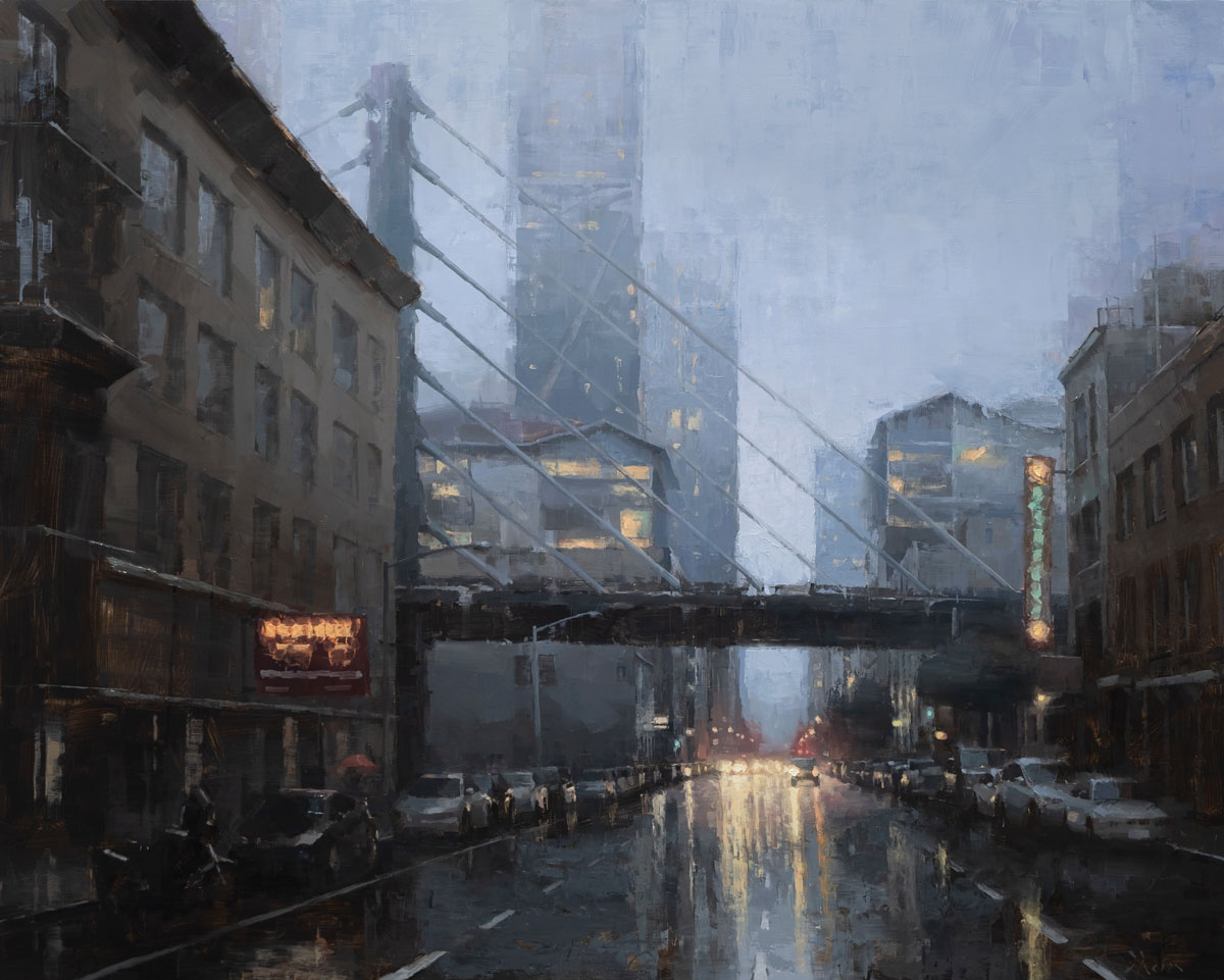 9. JACOB DHEIN (b. 1978), "Howard Street," 2024, oil on panel, 47 1/4 x 59 in., Galerie L’Oeil du Prince (Biarritz, France)